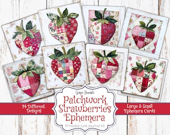 Patchwork Strawberry Ephemera, Junk Journal Kit, Junk Journal Printable, Strawberry Tags, Strawberry Ephemera, Strawberries, Quilted