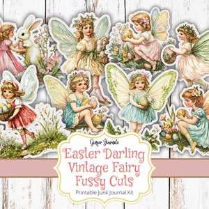 May include: A printable junk journal kit featuring eight vintage illustrations of fairies with wings, holding Easter eggs and flowers. The illustrations are in a whimsical style with pastel colors and delicate details. The kit is titled "Easter Darling Vintage Fairy Fussy Cuts" and includes a printable junk journal kit.