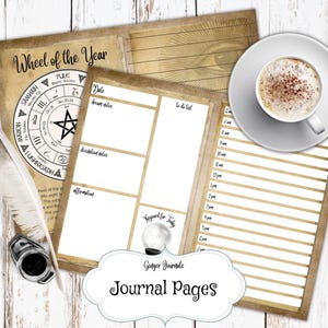 May include: A printable journal page set with a vintage aesthetic. The pages feature a wheel of the year, a to-do list, and a space for affirmations. The text "Ginger Journals" and "Journal Pages" is also included.