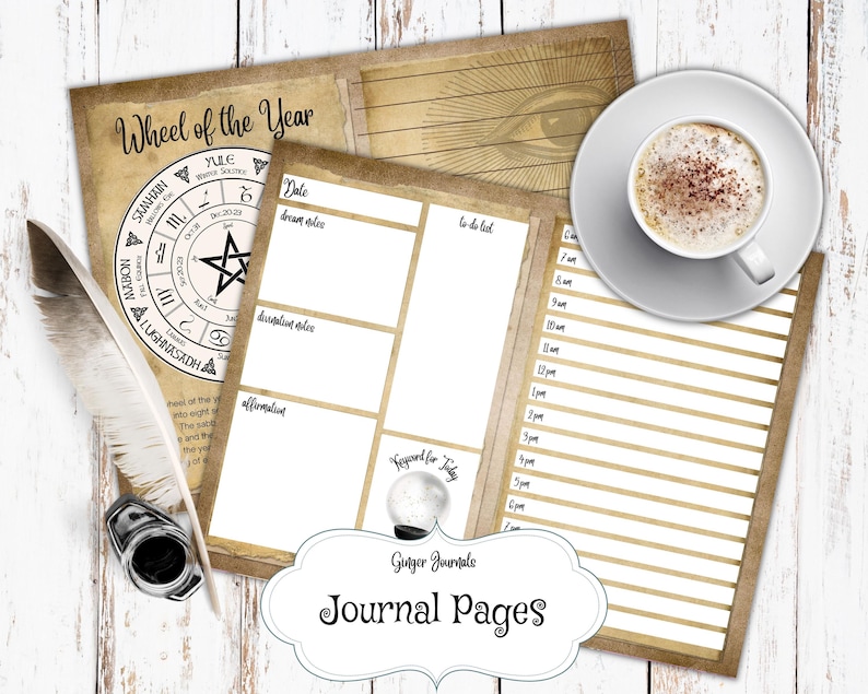 May include: A printable journal page set with a vintage aesthetic. The pages feature a wheel of the year, a to-do list, and a space for affirmations. The text "Ginger Journals" and "Journal Pages" is also included.