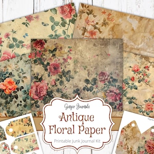 Antieke bloemenpapier ongewenste dagboekkit, afdrukbare ongewenste dagboeken, dagboekpapier, vintage plakboekpapier, vintage dagboekpagina's, gekleurd papier