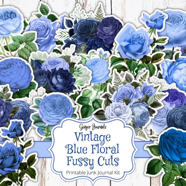 Vintage Blue Floral Fussy Cuts, Vintage Ephemera, Junk Journal Printable, Junk Journal Kit, Ephemera Kit, Fussy Cut Flowers, Blue Ephemera