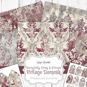 30 pagina's bordeauxrode vintage damast ongewenste dagboekkit, kortstondige, afdrukbare ongewenste dagboeken, dagboekpapier, boho, patroonpagina's, printables