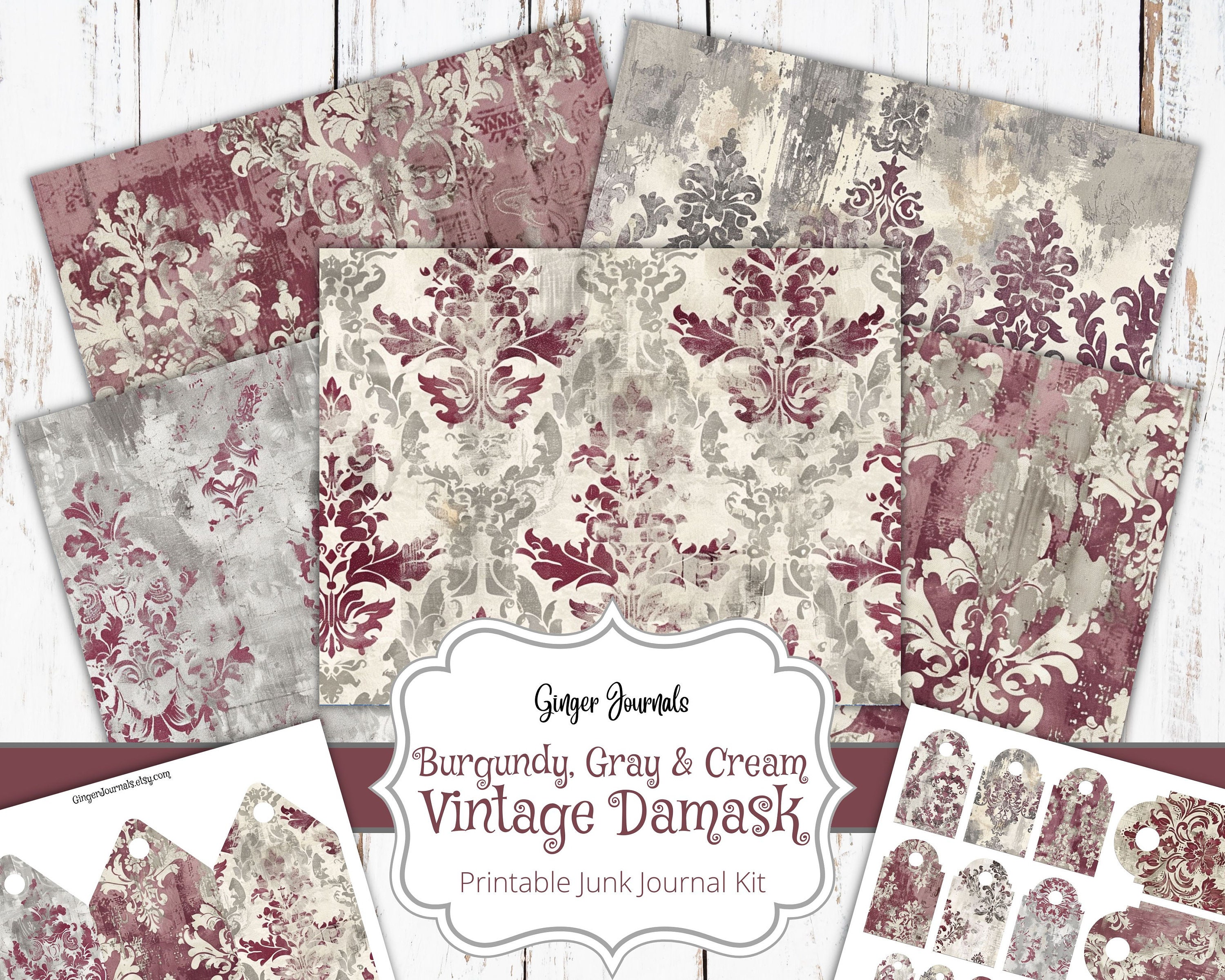 30 Page Burgundy Vintage Damask Junk Journal Kit, Ephemera, Junk Journal Printable, Journal Paper, Bohemian, Pattern Pages, Printables