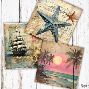 May include: Three vintage-style digital paper squares with a nautical theme. The first square features a ship with white sails sailing on a blue ocean. The second square features a blue starfish with a red starfish in the background. The third square features a sunset over a beach with palm trees.