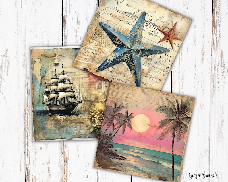 May include: Three vintage-style digital paper squares with a nautical theme. The first square features a ship with white sails sailing on a blue ocean. The second square features a blue starfish with a red starfish in the background. The third square features a sunset over a beach with palm trees.