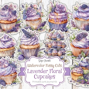 Lavendel Blumen Cupcake pingelige Schnitte, Junk Journal Kit, Junk Journal Printable, Journal Ephemera, lila Journal, Cupcake Tags, Lavendel, CC