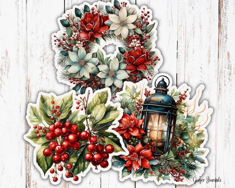 May include: Three Christmas-themed stickers featuring a wreath with red and white flowers, a lantern with red berries and a poinsettia, and a holly sprig with red berries.