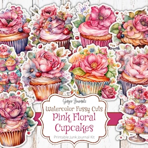 Découpes difficiles de cupcake floral rose, kit de journal indésirable, journal indésirable imprimable, journal éphémère, journal d'anniversaire, étiquettes de cupcake, CC