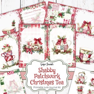 May include: A printable junk journal kit with a shabby patchwork Christmas tea theme. The kit includes images of teacups, teapots, and other Christmas decorations. The images are in a vintage style with a distressed look.