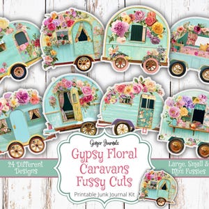 Caravan floreali zingare, Fussy Cuts, Effimere, Diario zingaro, Diario di scarto stampabile, Kit per diario di scarto, Diari di zenzero, Boho, Camper, RV