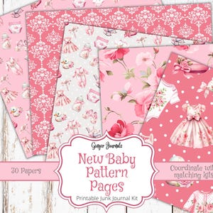 May include: A collection of pink and white patterned papers for a baby-themed junk journal kit. The papers feature various designs, including baby clothes, floral patterns, and polka dots. The text on the image reads "New Baby Pattern Pages".