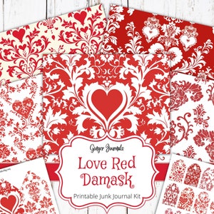 Liebe Roter Damast Junk Journal Kit, rote Ephemera, Junk Journal Printable, Journal Papier, Scrapbook Papier, Muster Seiten, Ginger Journals
