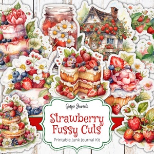 Erdbeer Fussy Schnitte, Junk Journal druckbare, Junk Journal Papier, digitaler Download, Erdbeer Ephemera, Sommer Junk Journal, Erdbeeren