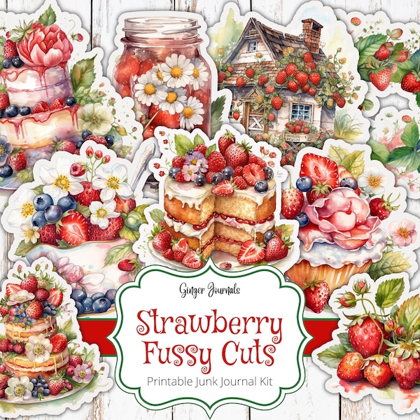 Strawberry Fussy Cuts, Junk Journal Printable, Junk Journal Paper, Digital Download, Strawberry Ephemera, Summer Junk Journal, Strawberries