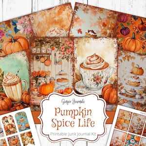 May include: Printable junk journal kit with an autumn theme. The kit includes 10 cards featuring images of pumpkins, autumn leaves, coffee, and other autumn-themed designs. The cards are decorated in a rustic, vintage style. The kit also includes a title card that says "Pumpkin Spice Life".