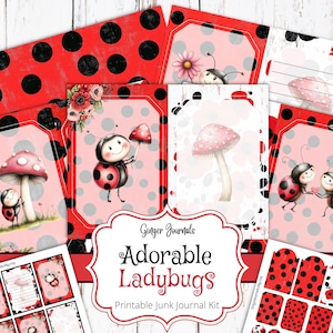 May include: A selection of printable junk journal kit elements with charming ladybug illustrations. The designs include ladybugs, mushrooms, flowers, and polka dots in red, black, and pink. The text "Adorable Ladybugs" is displayed on a white label.