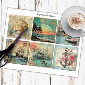 May include: A sheet of vintage-style scrapbook paper with nine squares featuring images of seashells, palm trees, a sailboat, a house, an anchor, and roses. The paper is printed on a white background with a distressed, aged look.