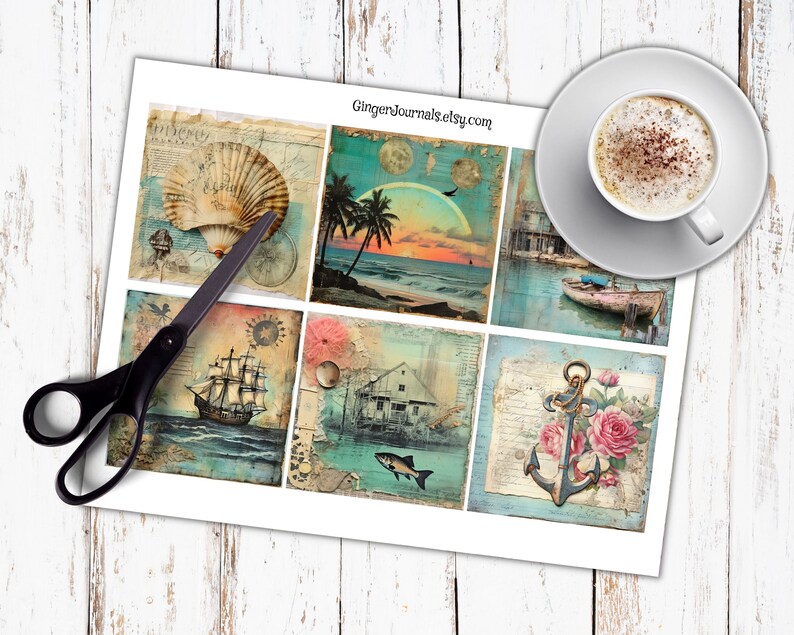 May include: A sheet of vintage-style scrapbook paper with nine squares featuring images of seashells, palm trees, a sailboat, a house, an anchor, and roses. The paper is printed on a white background with a distressed, aged look.
