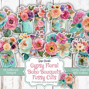 Ramos florales bohemios gitanos con cortes delicados, etiquetas, efímeras, diario floral, imprimible para diario basura, kit para diario basura, gitano, bohemio, bohemio