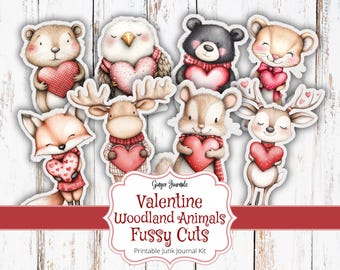 May include: Valentine's Day themed printable junk journal kit featuring woodland animals holding hearts. The kit includes a fox, deer, squirrel, moose, owl, bear, and otter.