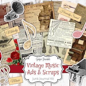Efemere vintage muziek, vintage kladjes, afdrukbaar rommeljournaal, afdrukbare ephemera, collagepapier, muziekdagboek, kieskeurige sneden, vintage advertentie
