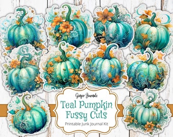 May include: Teal blue pumpkins with intricate floral designs and gold accents. Printable junk journal kit. Ginger Journals Teal Pumpkin Fussy Cuts.