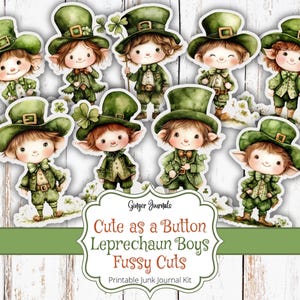 May include: A set of printable digital paper craft cutouts featuring eight cute cartoon leprechaun boys with green hats, green jackets, and brown hair. The title of the set is "Cute as a Button Leprechaun Boys Fussy Cuts Printable Junk Journal Kit".