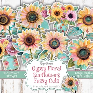 Recortes florales gitanos con girasoles, efímeras, diario de girasoles, imprimible para diario basura, kit para diario basura, diarios de jengibre, bohemio, bohemio
