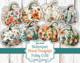 Puede incluir: Siete diseños de papel digital imprimible para scrapbooking con calabazas con patrones florales en varios colores, incluyendo blanco, azul y naranja. El texto "Bohemian Floral Pumpkin Fussy Cuts" está incluido en la imagen.