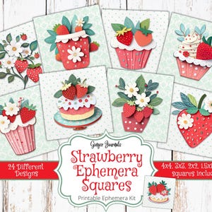 Strawberry Ephemera Kit, Delightfully Darling Ephemera, Strawberry Journal, Decoupage Squares, Junk Journal Kit, Strawberry Tags, Cards