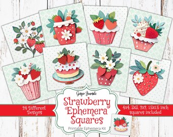 Strawberry Ephemera Kit, Delightfully Darling Ephemera, Strawberry Journal, Decoupage Squares, Junk Journal Kit, Strawberry Tags, Cards
