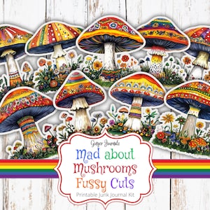 Mushroom Fussy Cuts, Rainbow, Mushroom Ephemera, Junk Journal Printable, Mushroom Junk Journal Kit, Mushroom Journal, Mushroom Tags, Boho