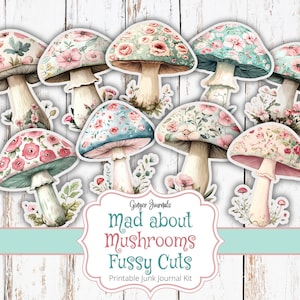 Paddenstoel kieskeurig, pastel, paddestoelen ephemera, afdrukbaar junkjournaal, paddenstoelenjournaalkit, paddenstoeljournaal, cupcaketoppers, boho