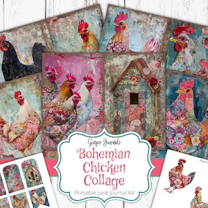 Kit de diario basura con collage de pollos estilo boho, material efímero, material imprimible para diario basura, papel para diario, álbum de recortes, diario de pollos, GingerJournals