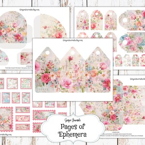 May include: Printable digital paper pack with floral designs, including envelopes, tags, and pockets. The paper features a vintage aesthetic with pink, blue, and white flowers on a textured background. The text "Ginger Journals Pages of Ephemera" is included.