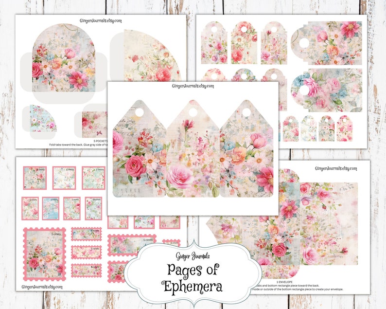 May include: Printable digital paper pack with floral designs, including envelopes, tags, and pockets. The paper features a vintage aesthetic with pink, blue, and white flowers on a textured background. The text "Ginger Journals Pages of Ephemera" is included.