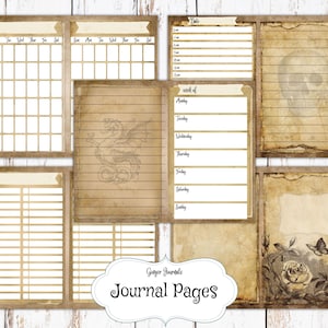 May include: Printable journal pages with a vintage aesthetic. The pages feature a variety of layouts, including a weekly planner, a daily log, and a blank page with a dragon illustration. The pages are designed to be printed and used in a journal or planner.