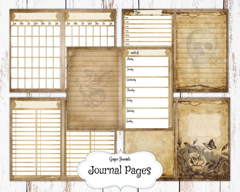 May include: Printable journal pages with a vintage aesthetic. The pages feature a variety of layouts, including a weekly planner, a daily log, and a blank page with a dragon illustration. The pages are designed to be printed and used in a journal or planner.