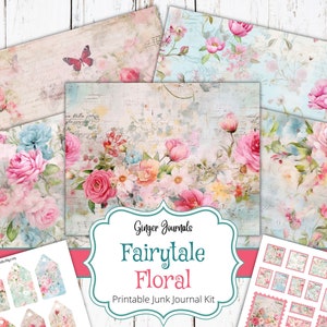 Kit de journal floral féerique, éphémères floraux, journal indésirable imprimable, journal floral indésirable, floral fantaisiste, carnets de notes gingembre