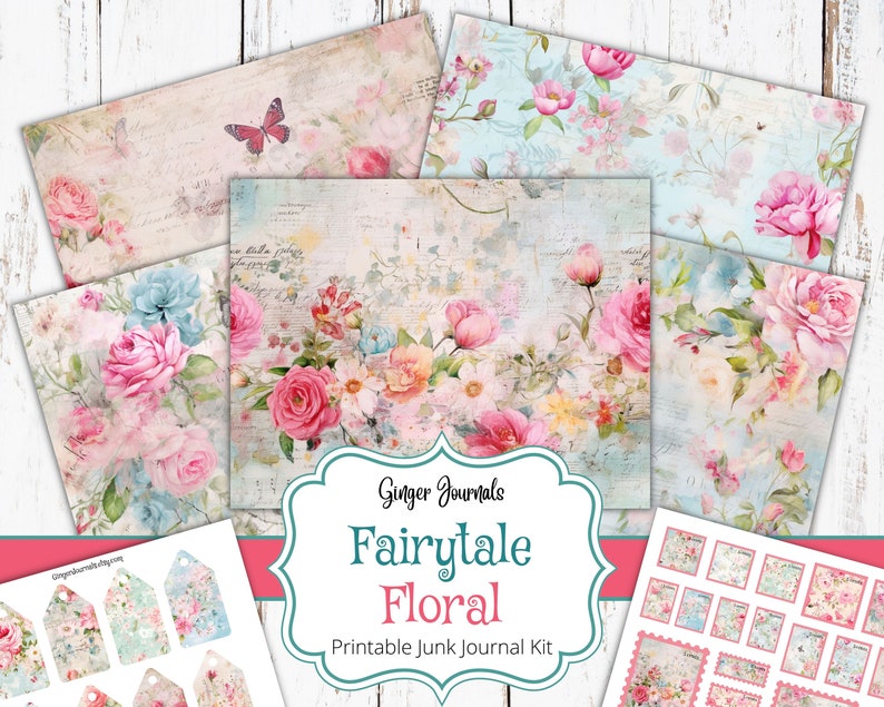 May include: Printable junk journal kit with a fairytale floral theme. The kit includes papers with floral patterns, tags, and journaling cards. The papers feature a vintage aesthetic with delicate flowers and a light blue background.