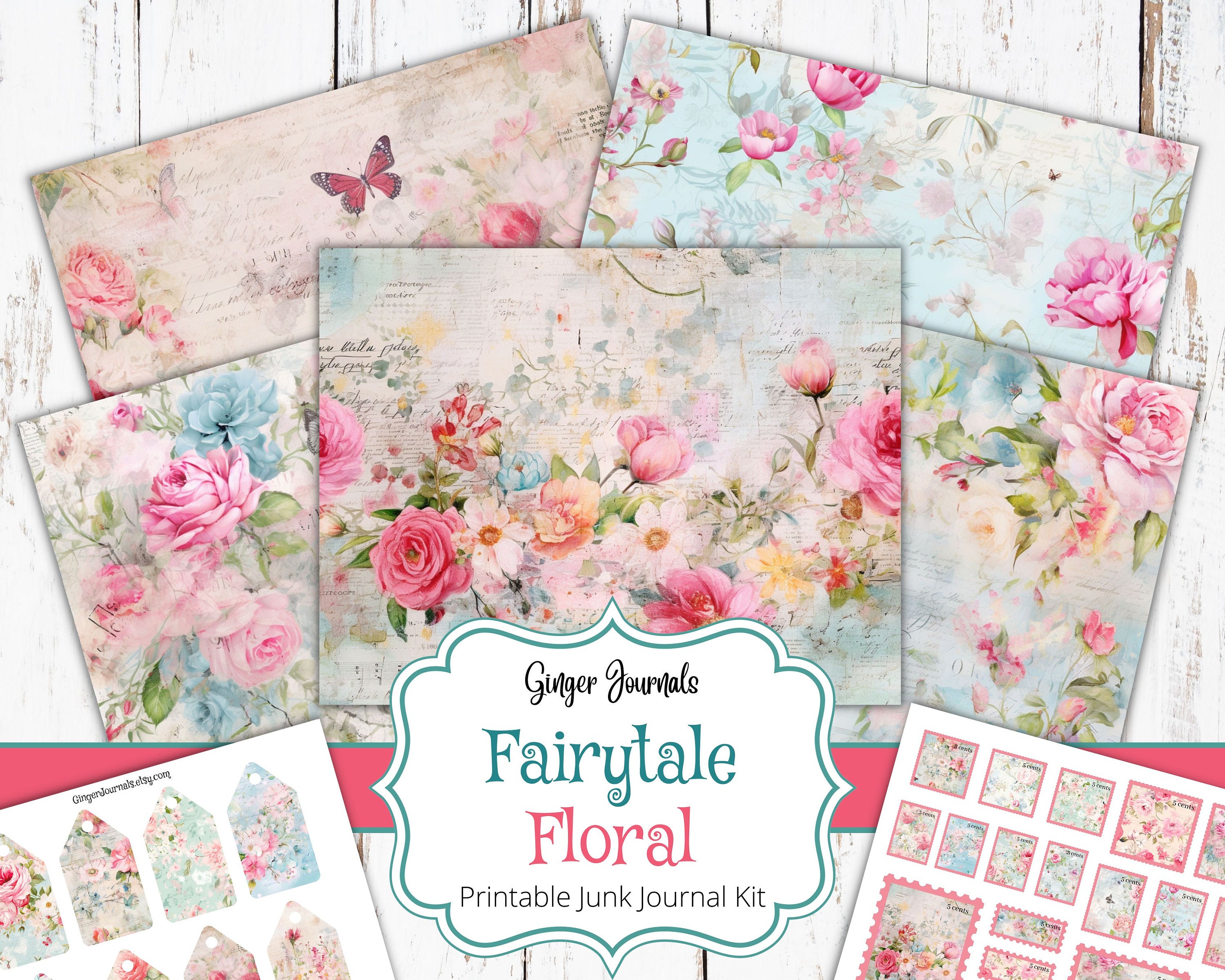 Fairytale Floral Junk Journal Kit, Floral Ephemera, Junk Journal Printable, Floral Junk Journal, Whimsical Floral, Ginger Journals