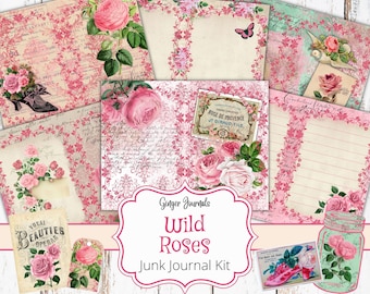以下が含まれることがあります： ピンクと白のカラーテーマで、野生の花、ヴィンテージラベル、そして「Ginger Journals Wild Roses Junk Journal Kit」というテキストが書かれたデジタルジャンクジャーナルキットです。