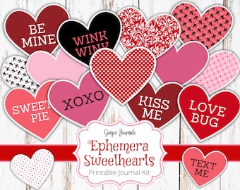 Valentines Ephemera Kit, Heart Candy Valentine Ephemera, Valentine Add Ons, Junk Journal Printable, Valentines Junk Journal Kit, Hearts, VT