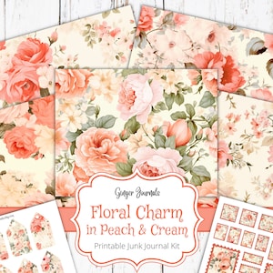 Kit di diario spazzatura floreale color pesca e panna, effimeri floreali, diario spazzatura stampabile, carta per diario, album, diari allo zenzero, floreale color pesca