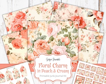 Peach and Cream Floral Junk Journal Kit, Floral Ephemera, Junk Journal Printable, Journal Paper, Scrapbook, Ginger Journals, Peach Floral