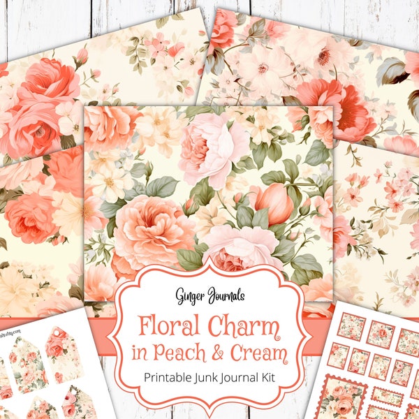 Peach and Cream Floral Junk Journal Kit, Floral Ephemera, Junk Journal Printable, Journal Paper, Scrapbook, Ginger Journals, Peach Floral