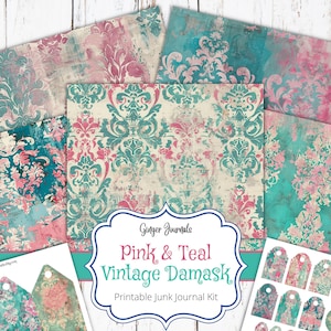 Pink & Petrol Vintage Damast Junk Journal Kit, Ephemera, Junk Journal Printable, Journal Papier, Scrapbook Papier, Muster Seiten, GingerJournals