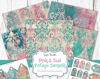 Pink & Teal Vintage Damask Junk Journal Kit, Ephemera, Junk Journal Printable, Journal Paper, Scrapbook Paper, Pattern Pages, GingerJournals