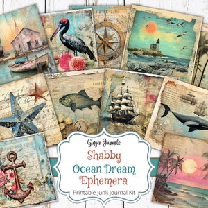 Kit de diario basura Shabby Ocean Dream, diario basura marina, efímeras oceánicas, imprimible para diario basura, kit de diario, diario basura playero, etiquetas oceánicas